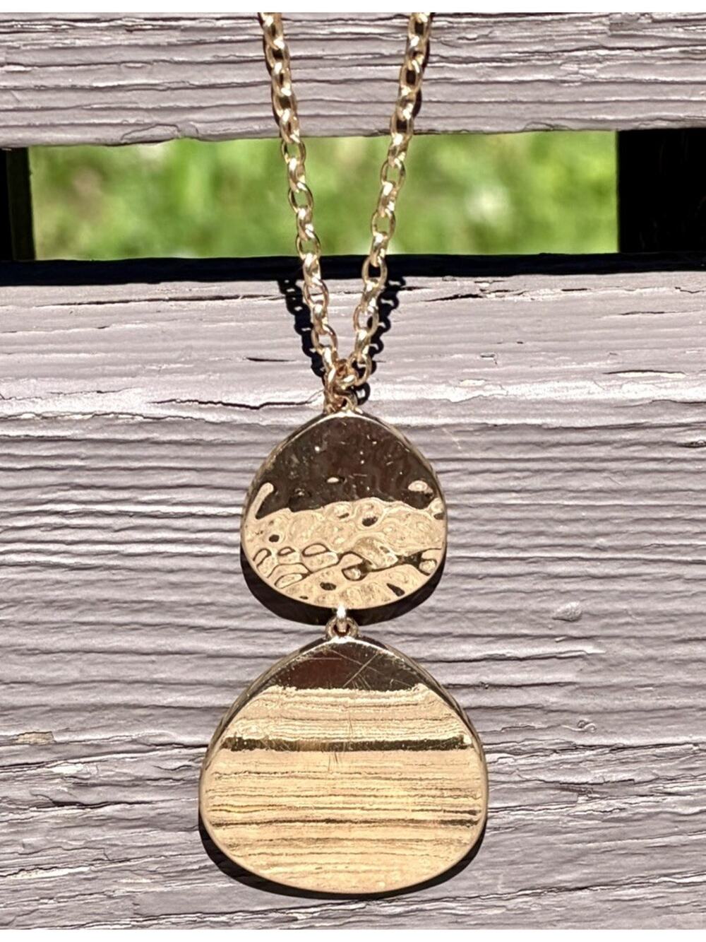 Gold Tone Double Disc Pendant Necklace 20” Minimalist Layering Boho Chic Modern